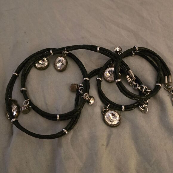 CORAVANA "DAYDREAM" BLACK LEATHER BRACELET W/ SILVER CRYSTAL CHARMS - Picture 2 of 8